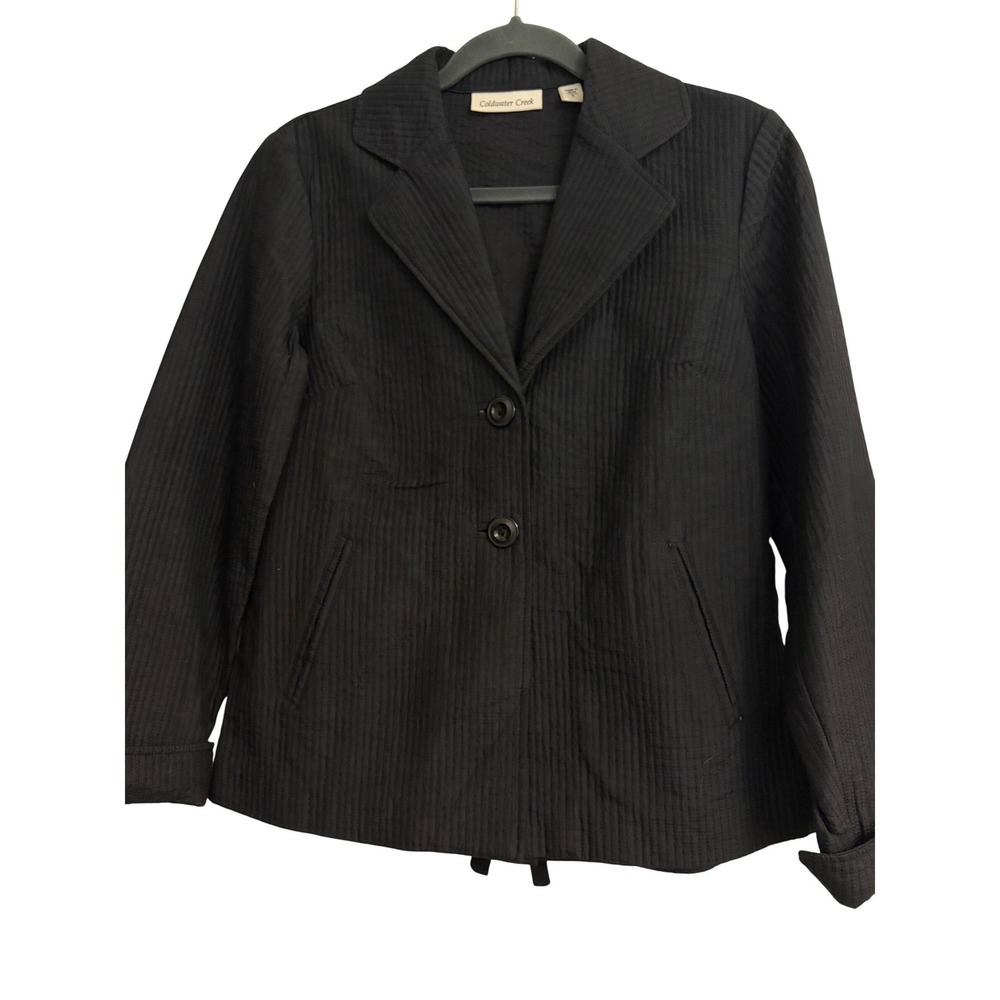 Coldwater Creek Black Cotton Silk Quilted Blazer Jacket Tie Back Size 6 Classic